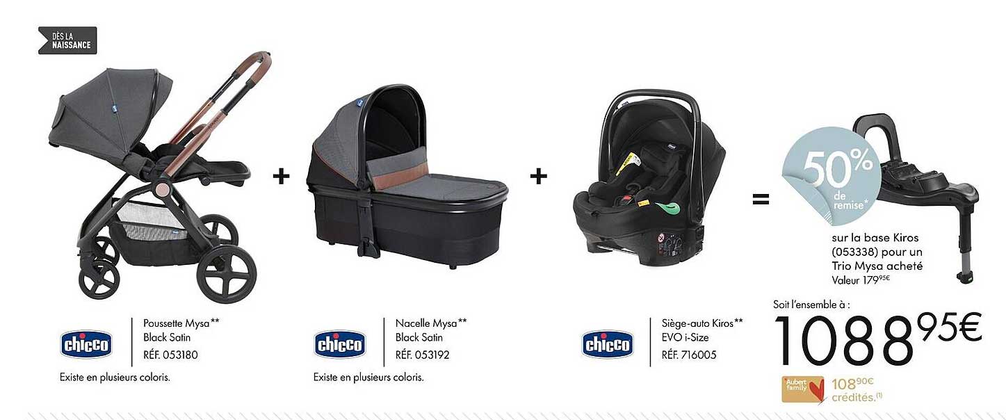 poussette mysa black satin chicco + nacelle mysa black satin chicco + siège-auto kiros evo i-size chicco