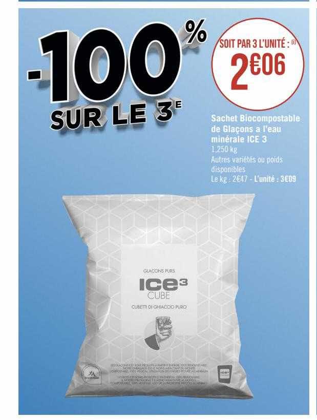 sachet biocompostable de glaçons à l'eau minéral ice 3