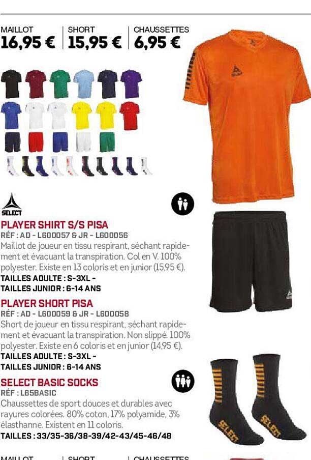 select player shirt s/s pisa, player short pisa, select basic socks