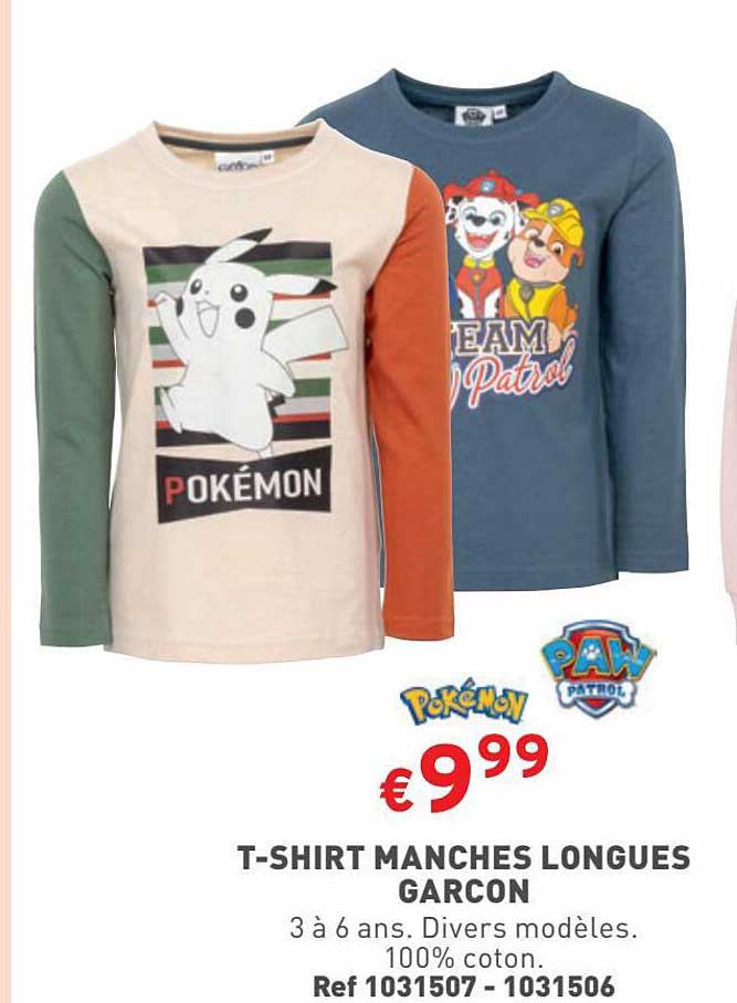 t-shirt manches longues garçon pokémon, paw patrol