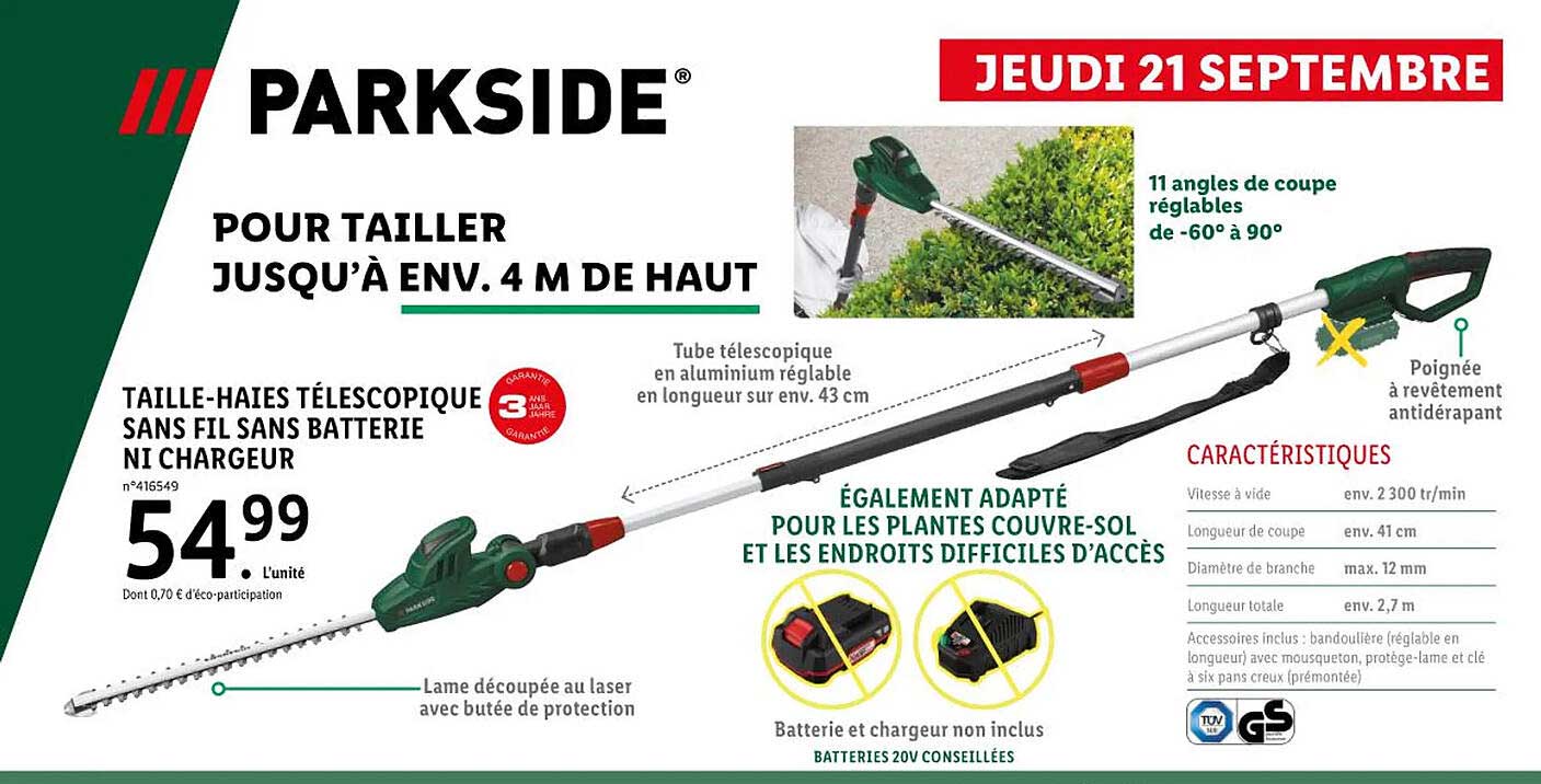 taille-haies télescopique sans fil sans batterie ni chargeur parkside