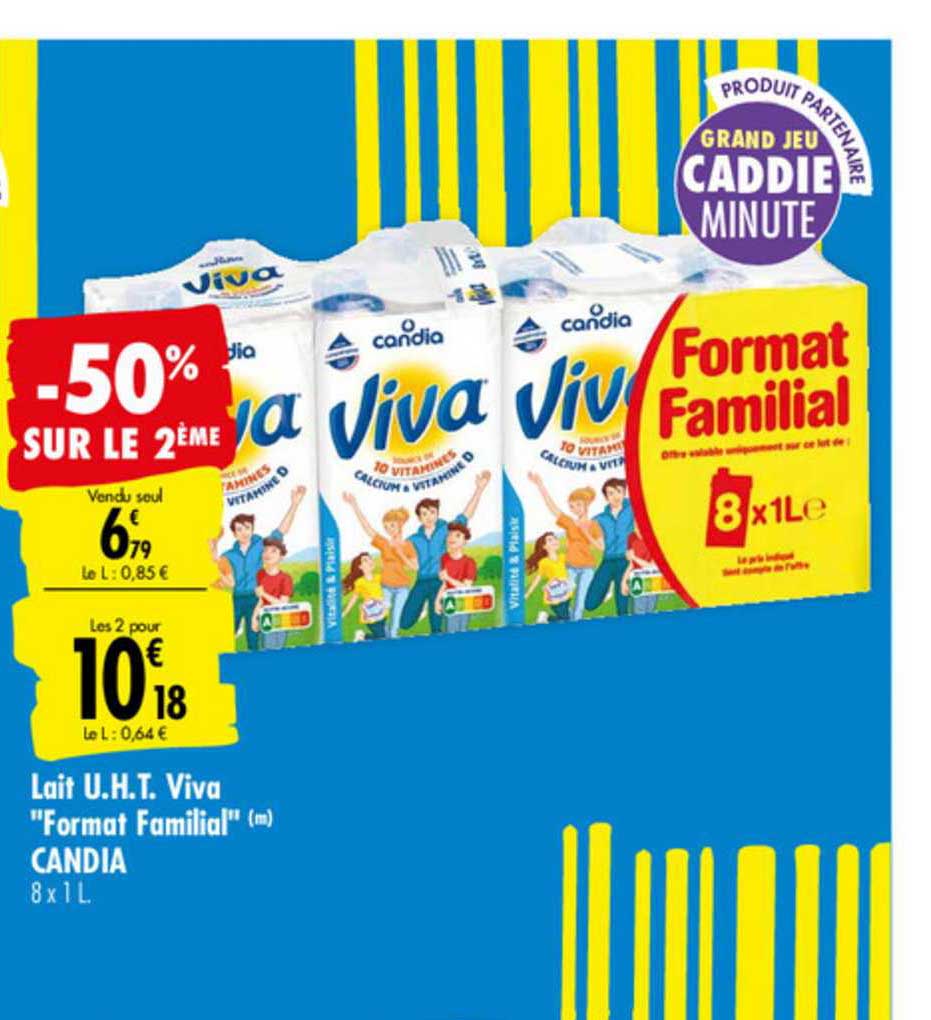 lait u.h.t. viva "format familial" candia -50% sur le 2ème