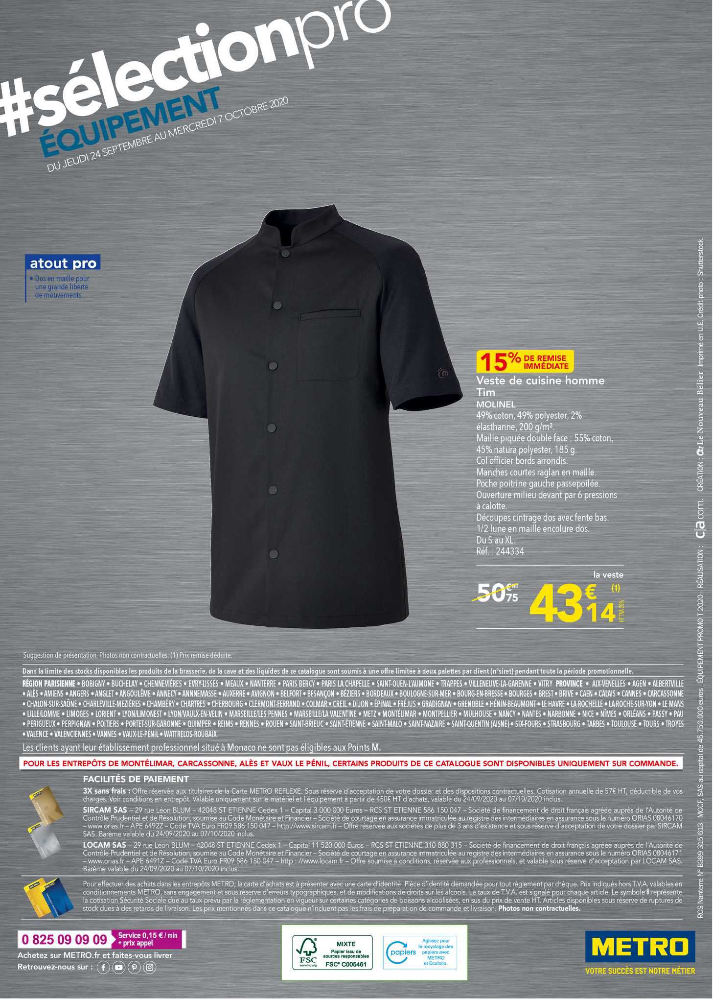 veste de cuisine homme tim 15% de remise immédiate