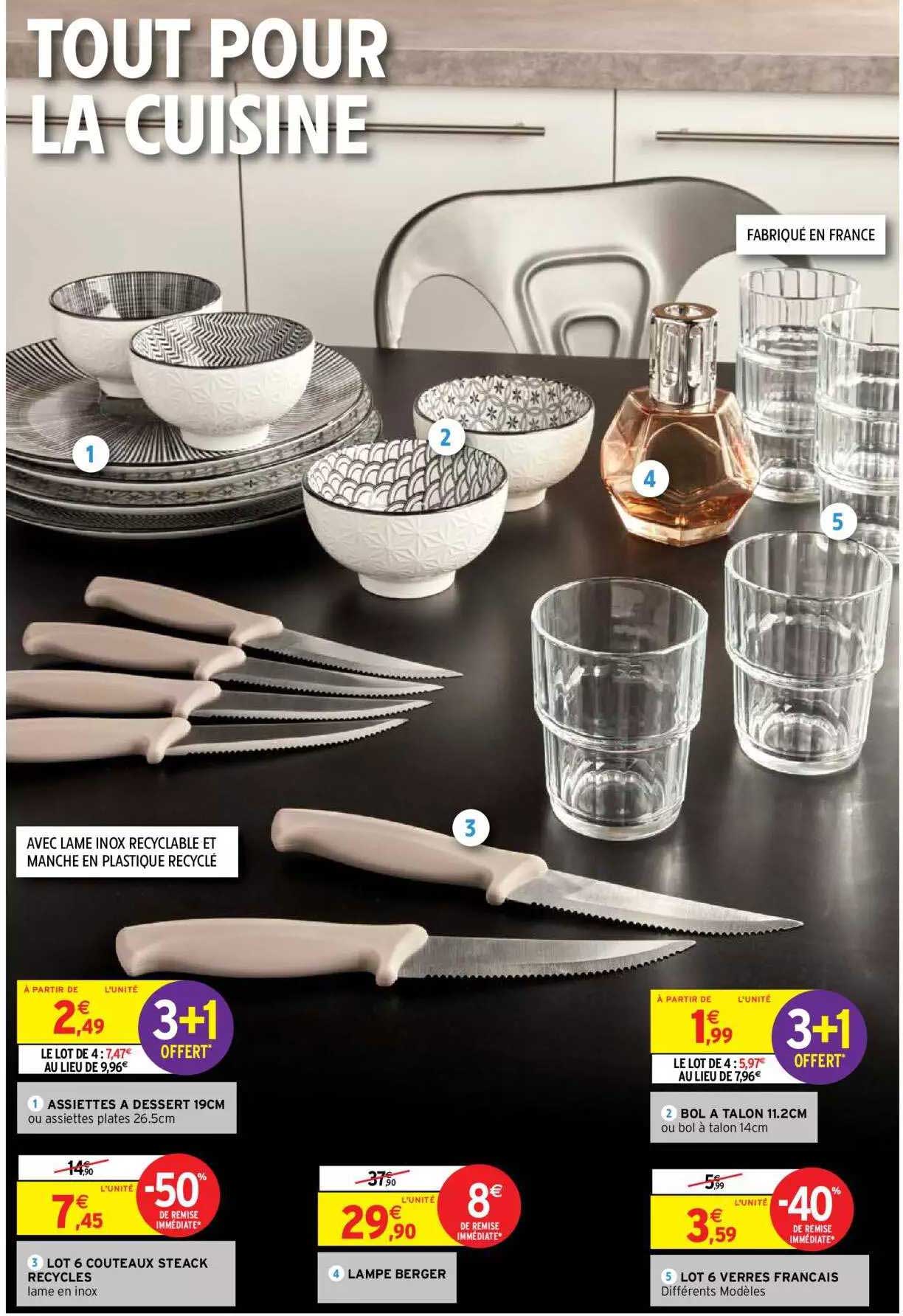 assiette à dessert 19 cm, lot 6 couteaux steak recyclés, lampe berger, bol à talon 11.2 cm, lot 6 verres français