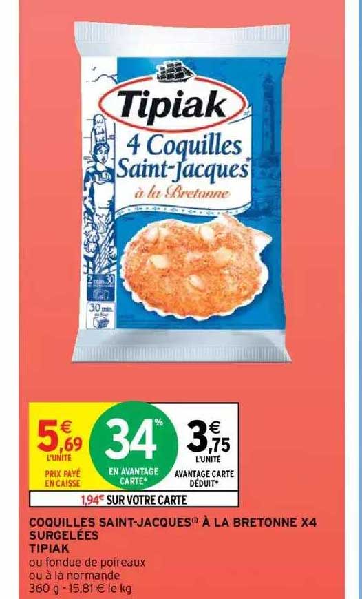 coquilles saint-jacques à la bretonne x4 surgelées tipiak