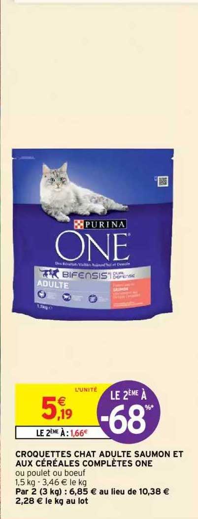 croquettes chat adulte saumon et aux céréales complètes one