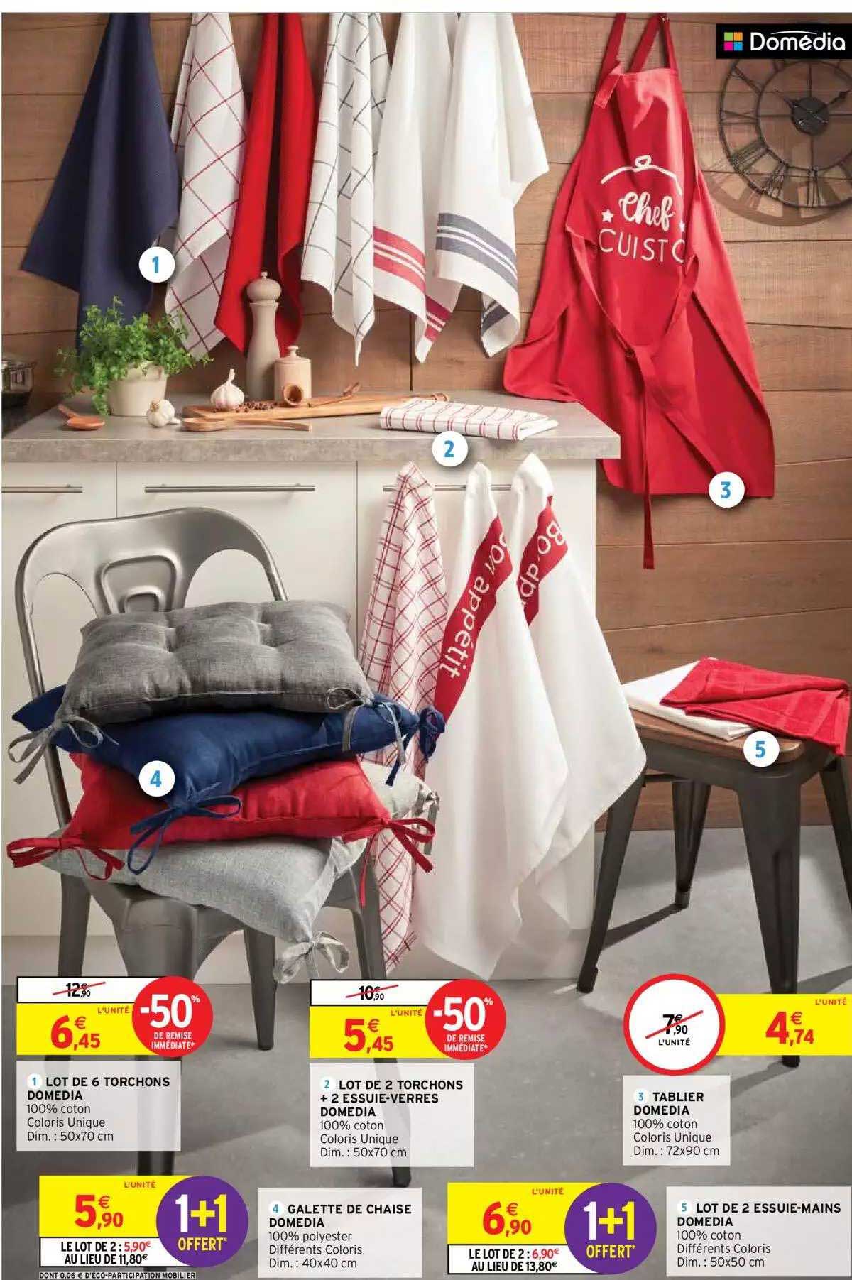 lot de 6 torchons domédia, galette de chaise domédia, lot de 2 torchons + 2 essuie-verres, tablier domédia, lot de 2 essuie-mains domédia