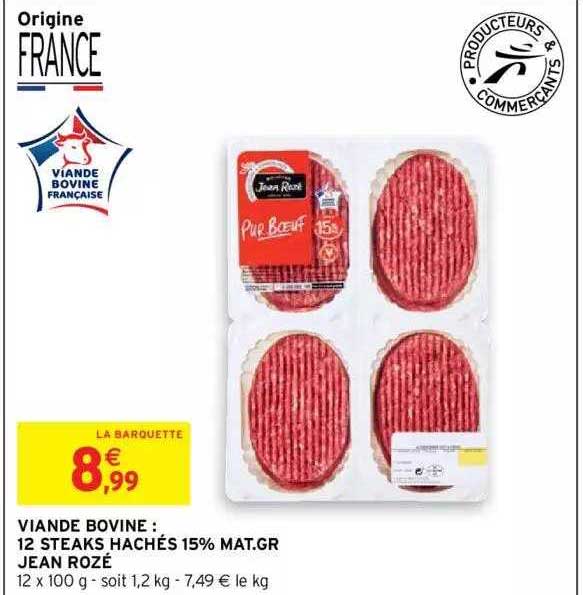 viande bovine : 12 steaks hachés 15% mat. gr. jean rozé