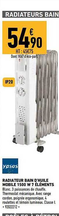 radiateur bain d'huile mobile 1500w 7 éléments ypsos