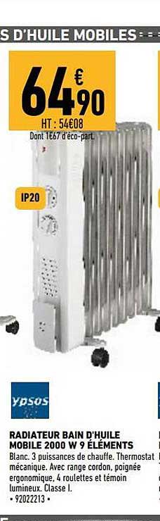 radiateur bain d'huile mobile 2000w 9 éléments ypsos