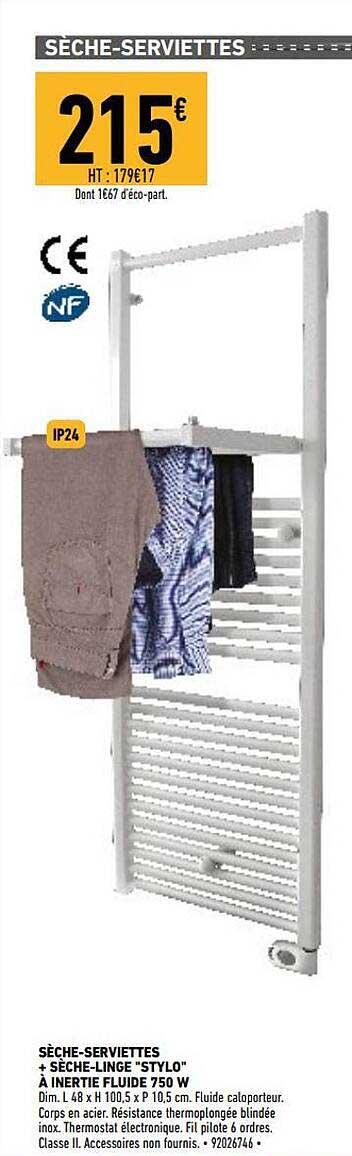 sèche-serviettes + sèche-linge "stylo" à inertie fluide 750w