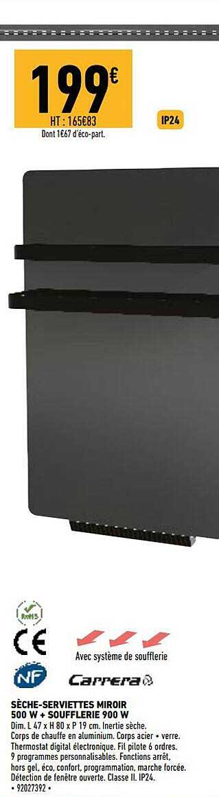 Sèche-serviettes Miroir 500w + Souffleurie 900w Carrera