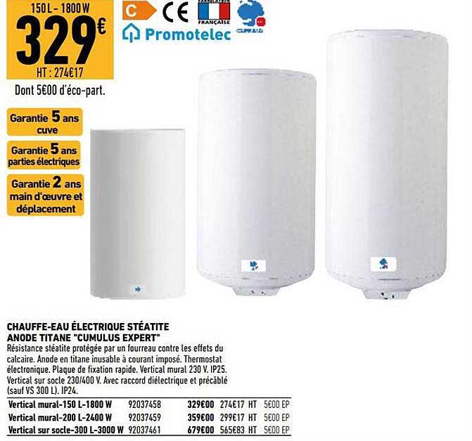 chauffe-eau électrique stéatite anode titane "cumulus expert" promotelec