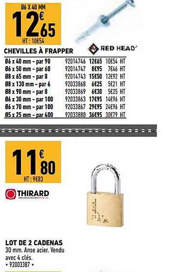 chevilles à frapper red head, lot de 2 cadenas thirard