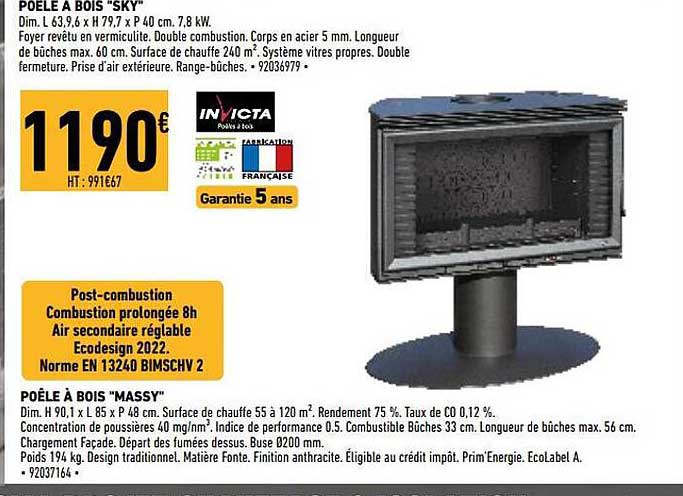 poêle à bois "sky" invicta, poêle à bois "massy" invicta
