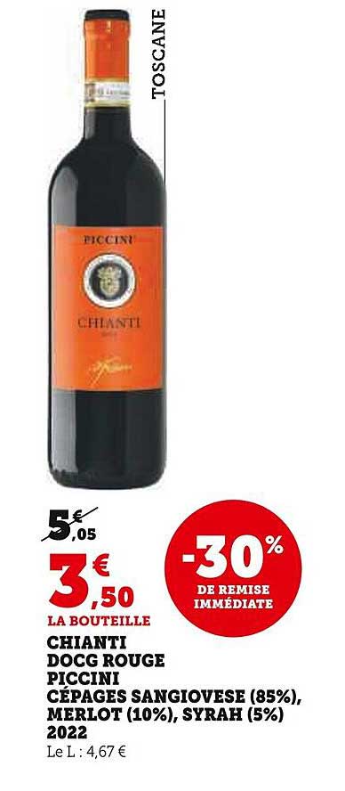 Chianti Docg Rouge Piccini Cépages Sangiovese (85%), Merlot (10%), Syrah (5%) 2022