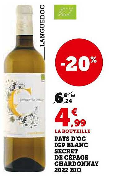 pays d'oc igp blanc secret de cépage chardonnay 2022 bio