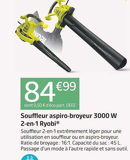 souffleur aspiro-broyeur 3000w 2-en-1 ryobi