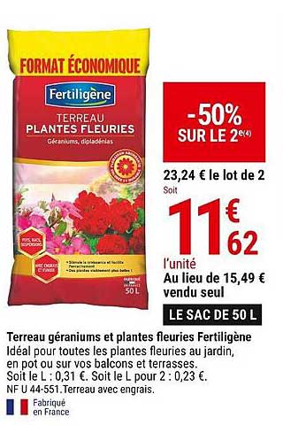 terreau géraniums et plantes fleuries fertiligène