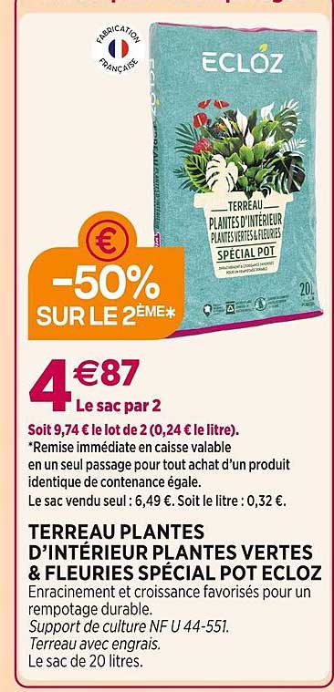 terreau plantes d'intérieur plantes vertes & fleuries spécial pot ecloz