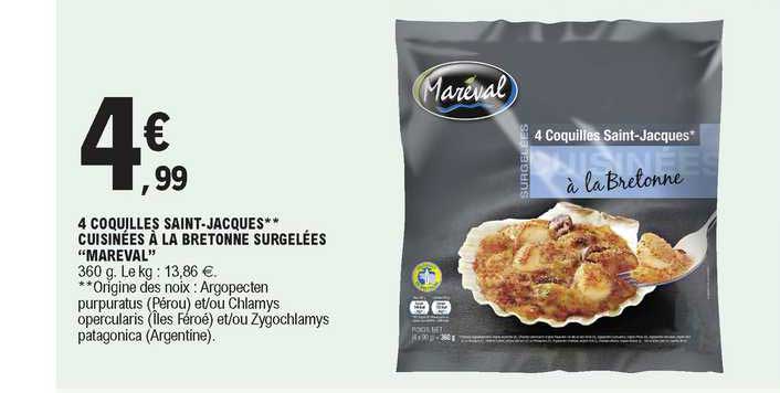 4 coquilles saint-jacques cuisinées à la bretonne surgelées "mareval"