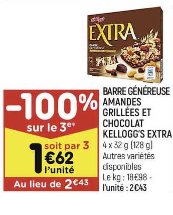barre généreuse amandes grillées et chocolat kellogg's extra