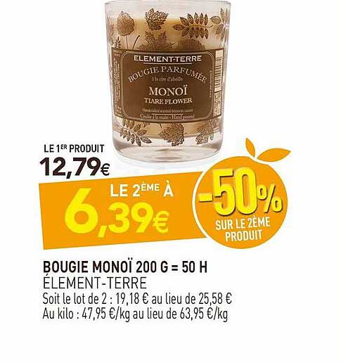 bougie monoï 200 g = 50 h élément-terre