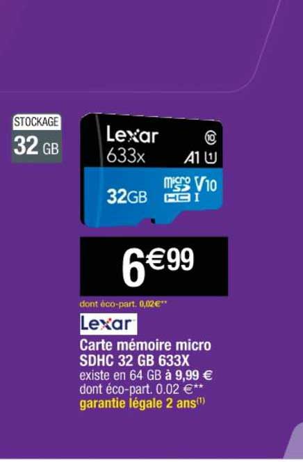 carte mémoire micro sdhc 32 gb 633x lexar