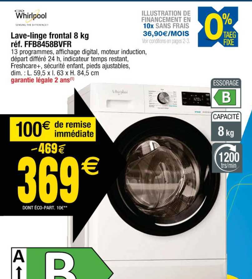 lave-linge frontal 8 kg réf. ffb8458bvfr whirlpool