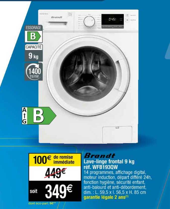 lave-linge frontal 9 kg réf. wfb193qw brandt