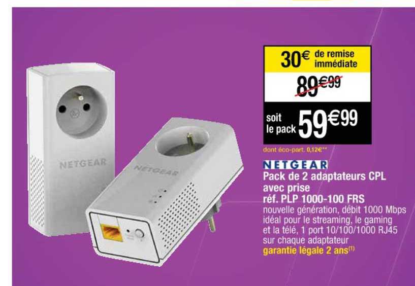 pack de 2 adaptateurs cpl avec prise réf. plp 1000-100 frs netgear