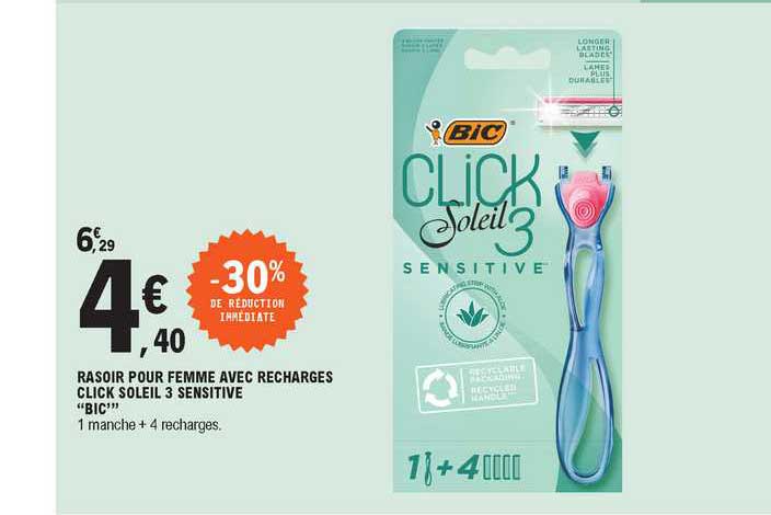 rasoir pour femme avec recharges click soleil 3 sensitive "bic"