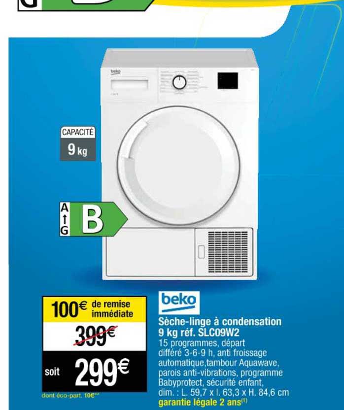 sèche-linge à condensation 9 kg réf. slc09w2 beko