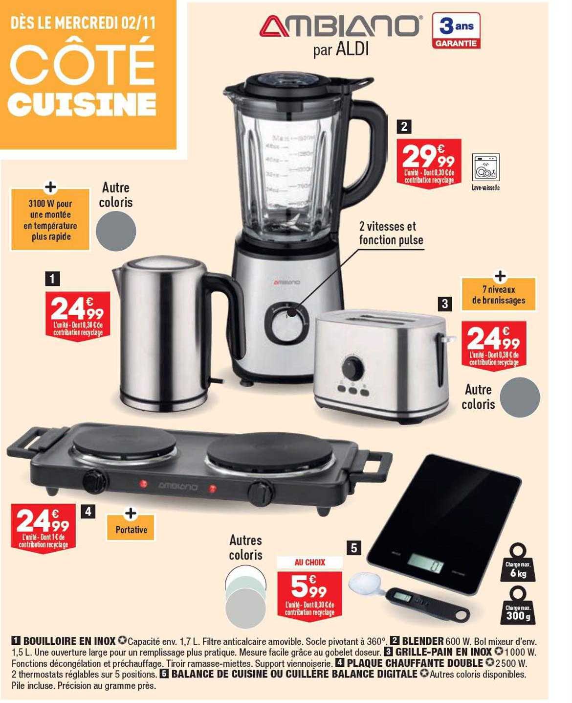 bouilloire en inox ambiano, blender ambiano, grille-pain en inox ambiano, plaque chauffante double ambiano, balance de cuisine ou cuillère balance digitale ambiano