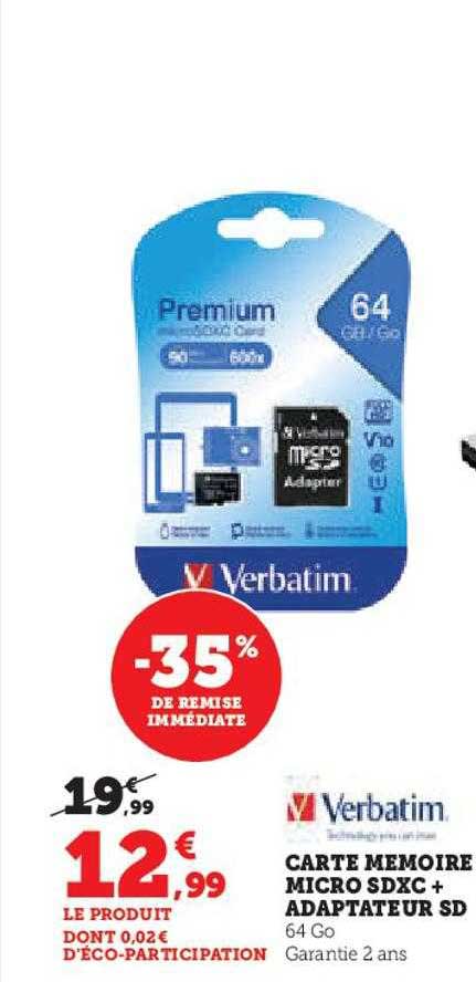 carte mémoire micro sdxc + adaptateur sd verbatim