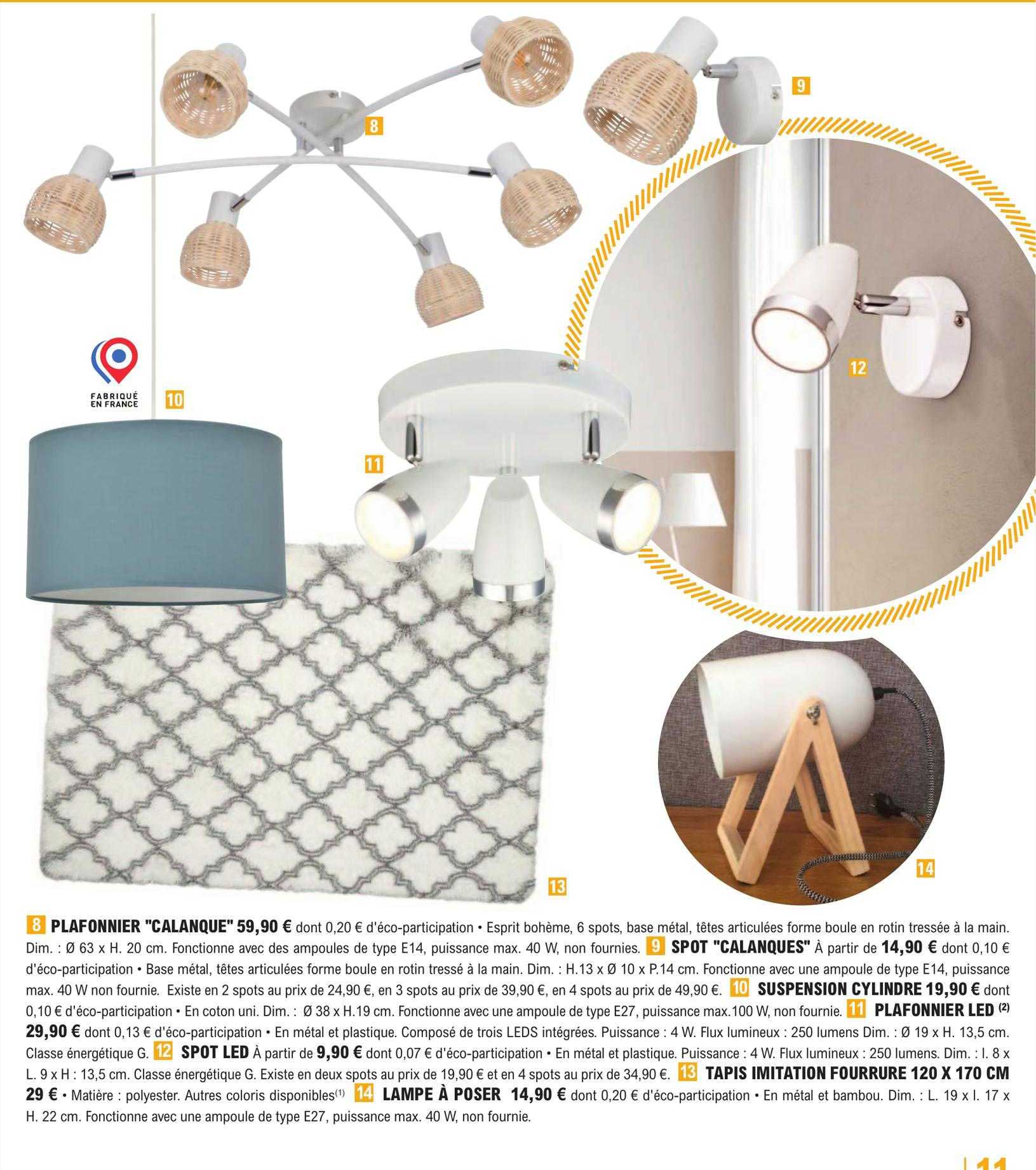 plafonnier "calanque", spot "calanques", suspension cylindre, plafonnier led, spot led, tapis imitation fourrure 120 x 170 cm, lampe à poser