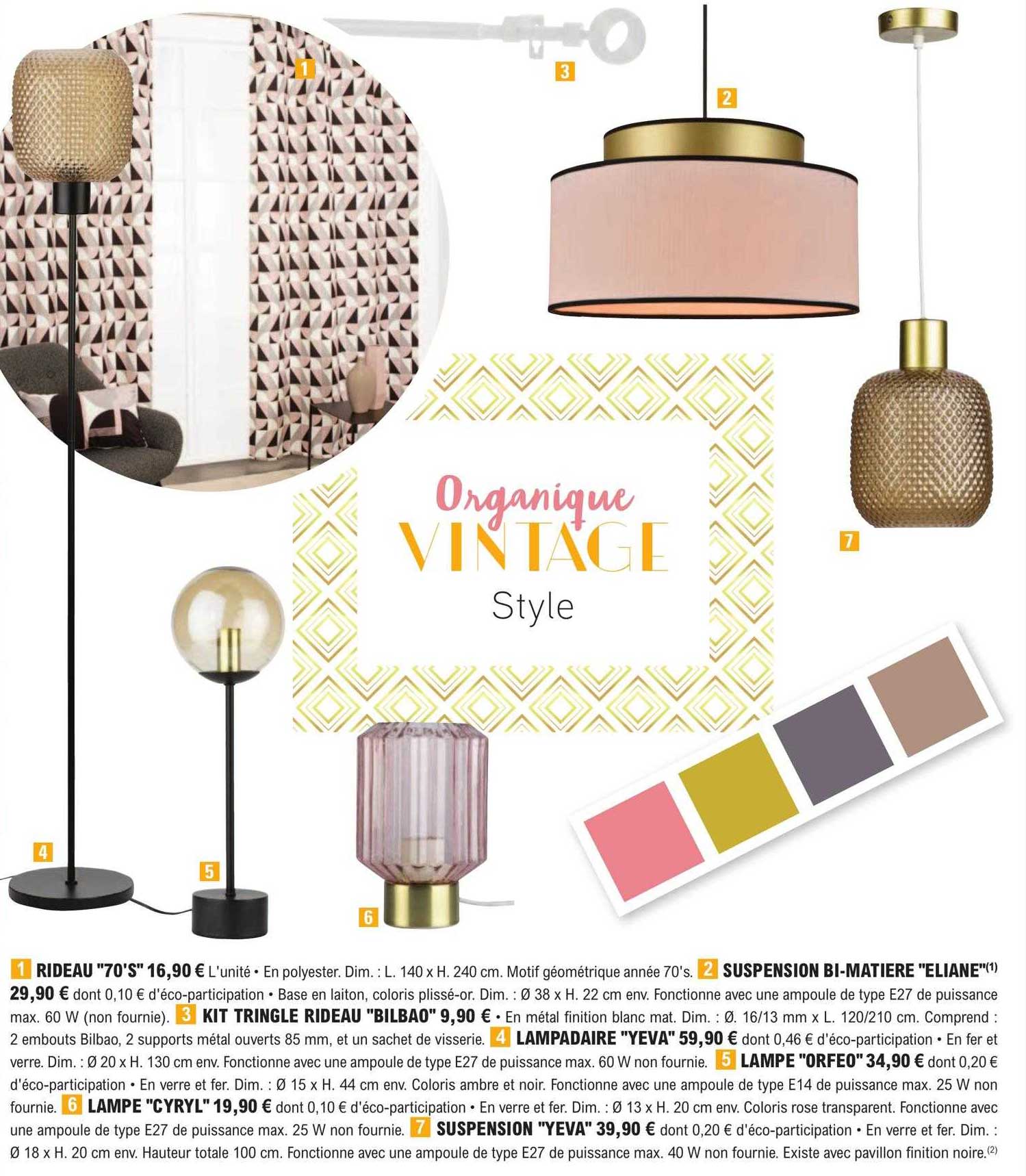 rideau "70"s", suspension bi-matière "eliane", kit tringle rideau "bilbao", lampadaire "yeva", lampe "orfeo", lampe "cyryl", suspension "yeva"