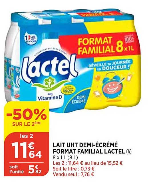 lait uht demi-écrémé format familial lactel