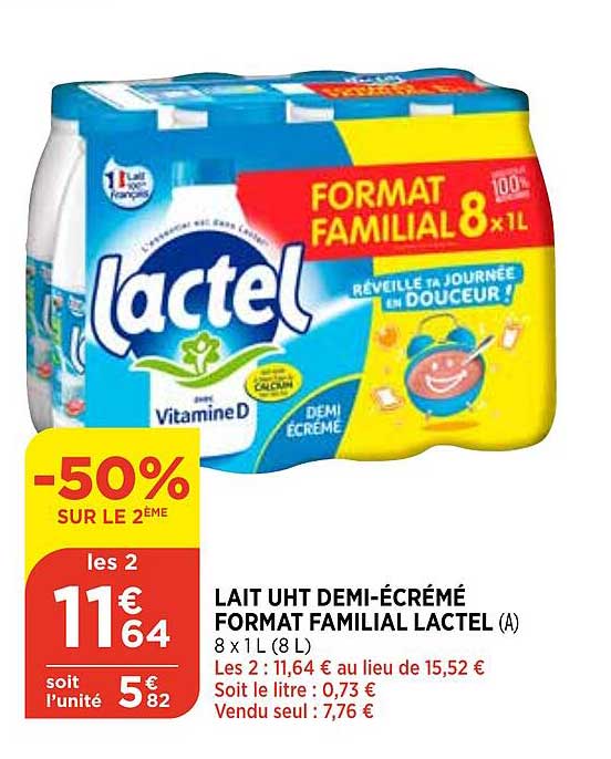 lait uht demi-écrémé format familial lactel
