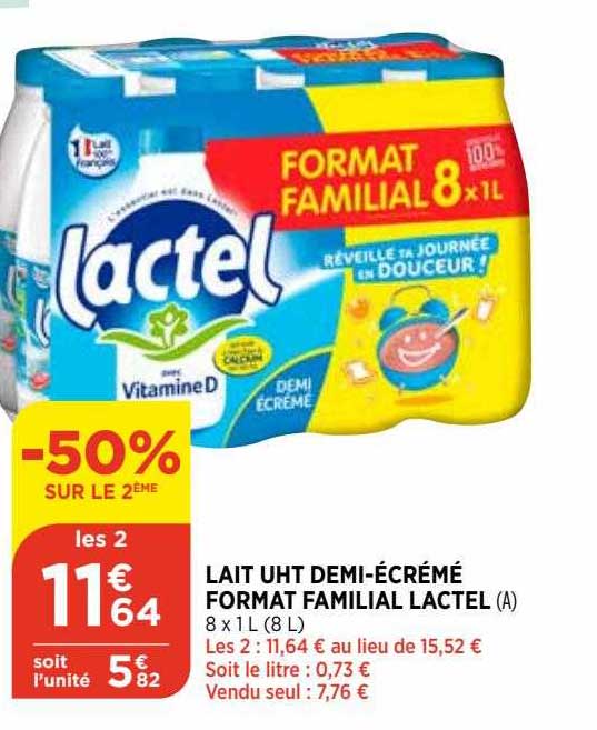 lait uht demi-écrémé format familial lactel