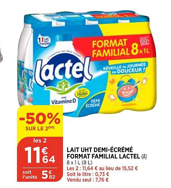 lait uht demi-écrémé format familial lactel