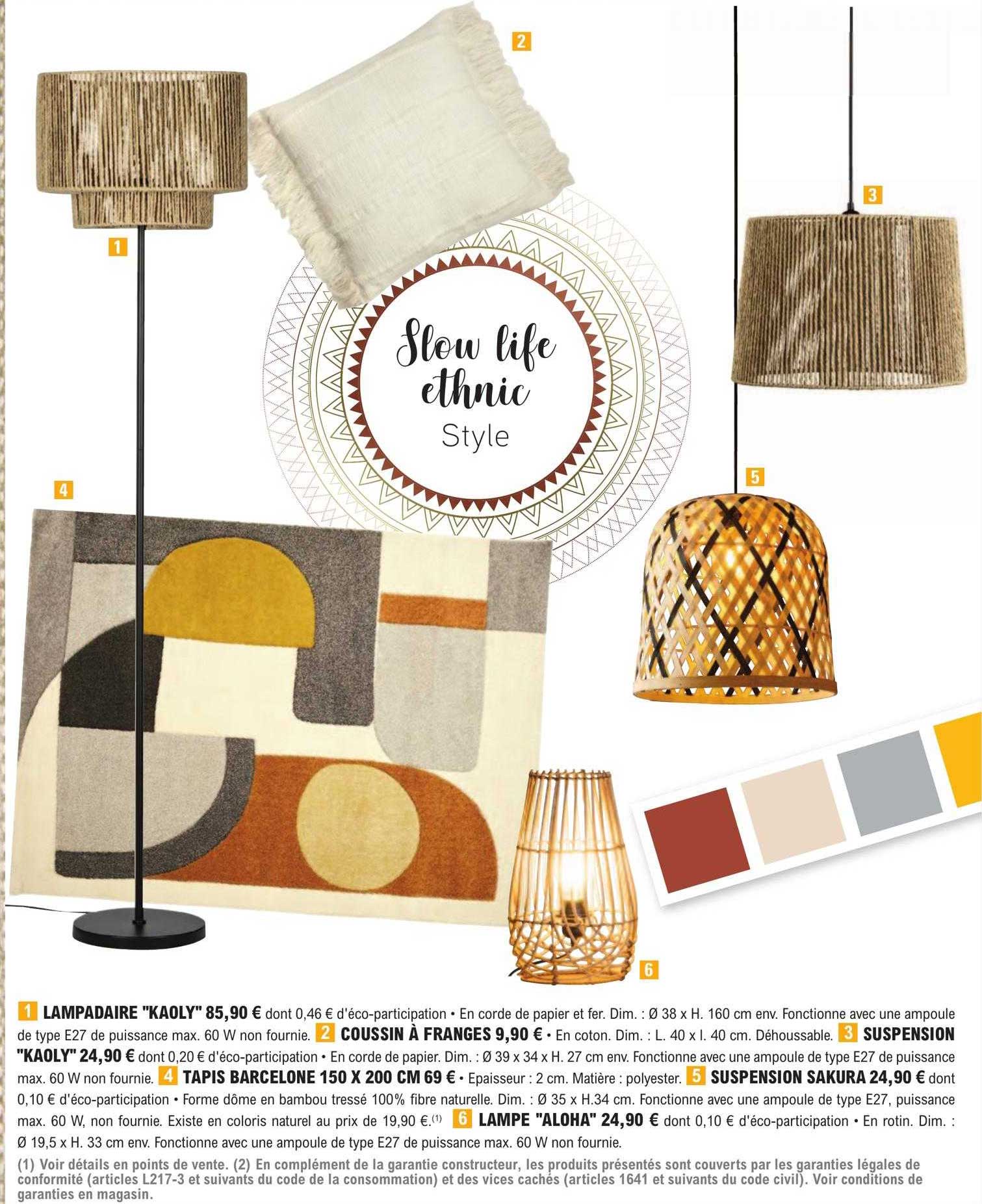 lampadaire "kaoly", coussin à franges, suspension "kaoly", tapis barcelone 150 x 200 cm, suspension sakura, lampe "aloha"
