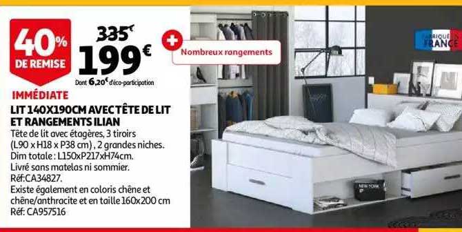 lit 140x190 cm avec tête de lit et rangements ilian