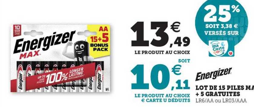 lot de 15 piles max + 5 gratuites energizer