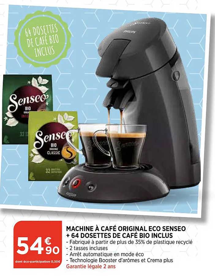 machine à café original eco senseo + 64 dosettes de café bio inclus
