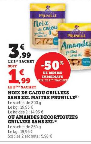 noix de cajou grillées sans sel maître prunille ou amandes décortiquées grillées sans sel