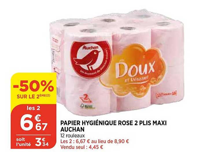 papier hygiénique rose 2 plis maxi auchan