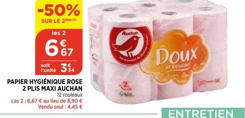 papier hygiénique rose 2 plis maxi auchan