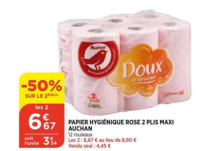 papier hygiénique rose 2 plis maxi auchan