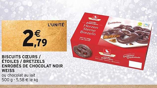 biscuit cœurs/étoiles/bretzels enrobés de chocolat noir weiss